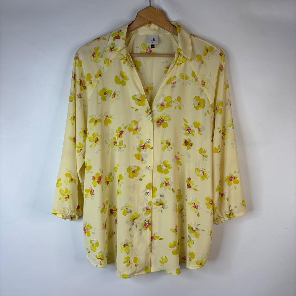 Cabi Blouse Women Medium Top Yellow Floral Button Down 3/4 Sleeve